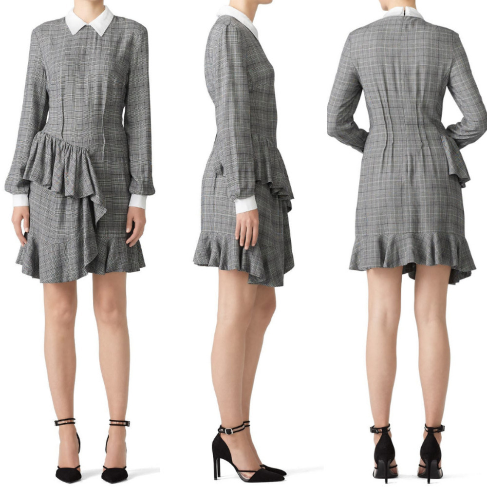 Petersyn Grey Plaid Collared Long Sleeve Ruffle Carter Dress Size L